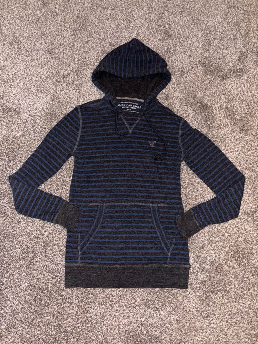 Y2K American Eagle Outfitters blue and grey striped hooded shirt